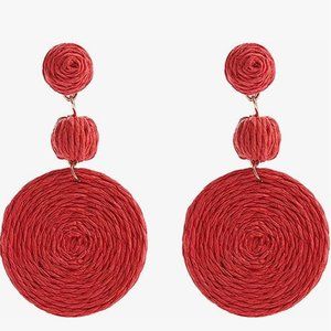 Big Red Raffia Earrings Wicker Bold Vacation Statement Dangle 80s 90s Retro New